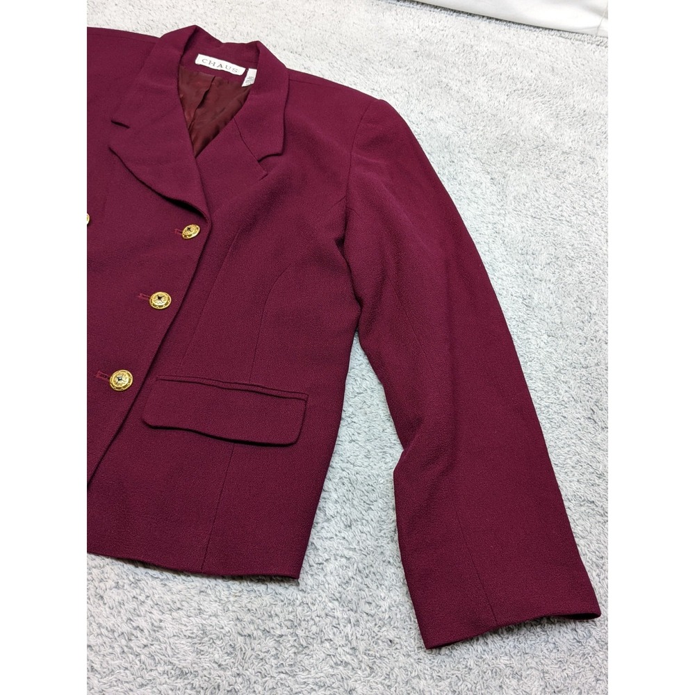 Vintage‎ Chaus 100% Wool Blazer Women 14 Burgundy Double Breasted Gold Buttons